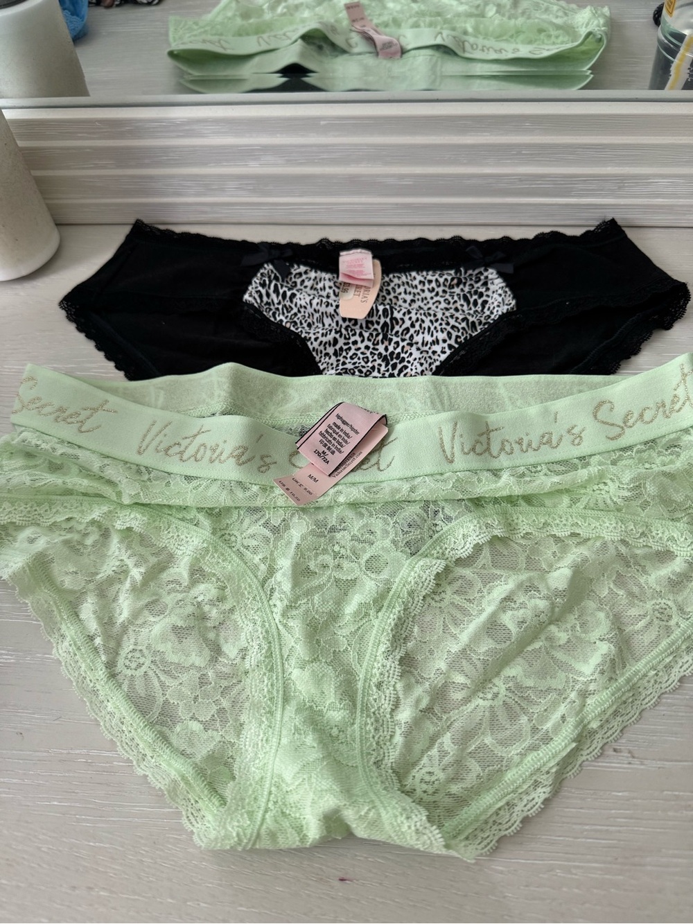 Victoria's Secret Lace Bikini Panties - Mint Green & Black Leopard Set